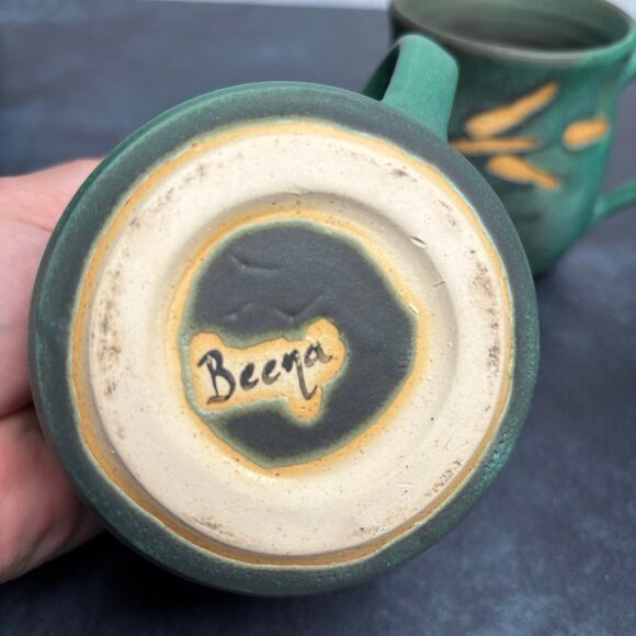 Studio Pottery "Beena" Tea Coffee Mugs Green Ceramic Botanical Print - Picture 6 of 7